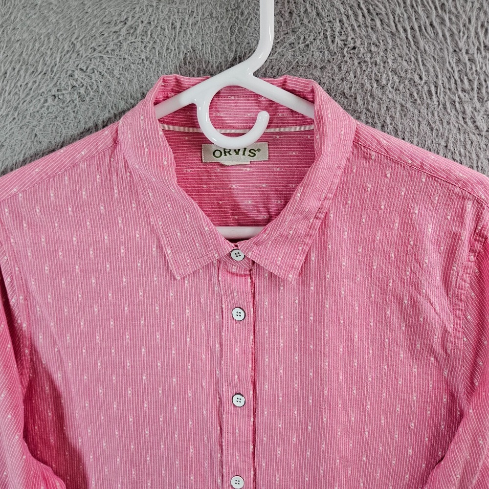 Orvis Shirt Women Medium Button Up Long Sleeve Red White Striped - Picture 3 of 9